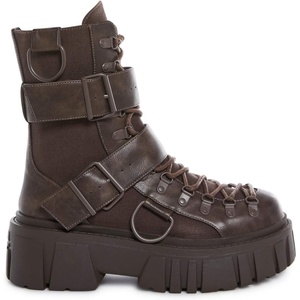 Dolls Kill Low Traitor Boots by Club Exx – Chunky Vegan Leather Boots with Buckles, D-Rings & Side Zipper(Brown)