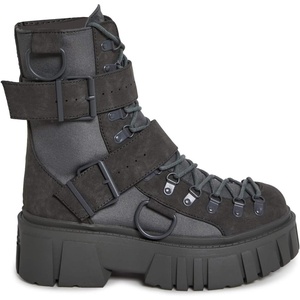 Dolls Kill Low Traitor Boots by Club Exx – Chunky Vegan Leather Boots with Buckles, D-Rings & Side Zipper(Dark Gray)