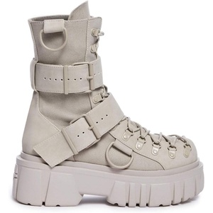 Dolls Kill Low Traitor Boots by Club Exx – Chunky Vegan Leather Boots with Buckles, D-Rings & Side Zipper(Grey)