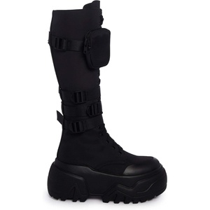 Dolls Kill Mad Hustle Knee High Combat Boots by Poster Grl – Chunky Platform Boots with Zipper Pockets, Buckle Straps & Side Zip Closure(Black)