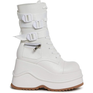 Dolls Kill Mad Hustle Pocket Combat Boots by Poster Grl – Chunky Platform Combat Boots with Zipper Pockets & Buckled Straps(White)