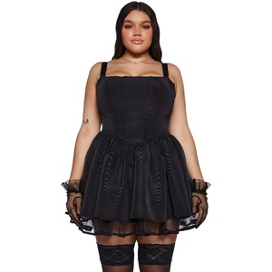 Dolls Kill Plus Magic Moves Corset Dress by Sugar Thrillz – Taffeta Corset Dress with Fishnet Mesh Petticoat & Lace-Up Back(Black)
