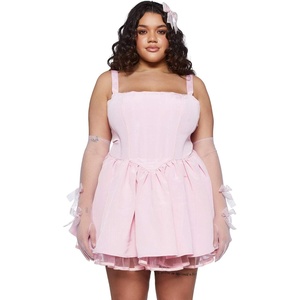 Dolls Kill Plus Magic Moves Corset Dress by Sugar Thrillz – Taffeta Corset Dress with Fishnet Mesh Petticoat & Lace-Up Back(Pink)