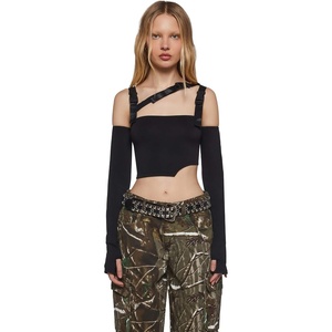 Dolls Kill Shut Up Touch Me Strappy Crop Top by Poster GRL – Off-Shoulder Top with Adjustable Buckle Straps and Long Sleeves(Black)