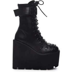 Dolls Kill Traitor Boots by Current Mood – Black Vegan Leather Platform Boots with Wedge Heels & Lace-Up Design(Black)