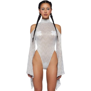 Dolls Kill Transcendent Spectre Sequin Bodysuit by Club Exx – Sheer Micro-Pleated Bodysuit with Rhinestones & Bell Sleeves(White)