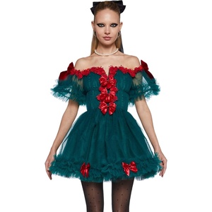 Dolls Kill Winter Rose Mini Dress – Off-The-Shoulder Tulle Party Dress with Lace and Bow Details – Green(Green)