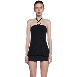 Dolls Kill Y2K Bubble Mini Dress by Generation Kiss – Trendy Halter Neck Dress with Ruched Bust and Bubble Hem(Black)