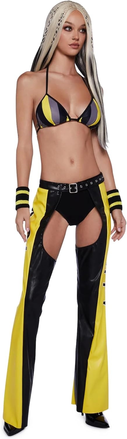 image:imageDolls Kill Christina Inspired Costume Dirty PopStar Chaps by Trickz N Treatz Pop Star Stage Outfit with Striped Bra Top Faux Leather Chaps Belt and GlovesYellow