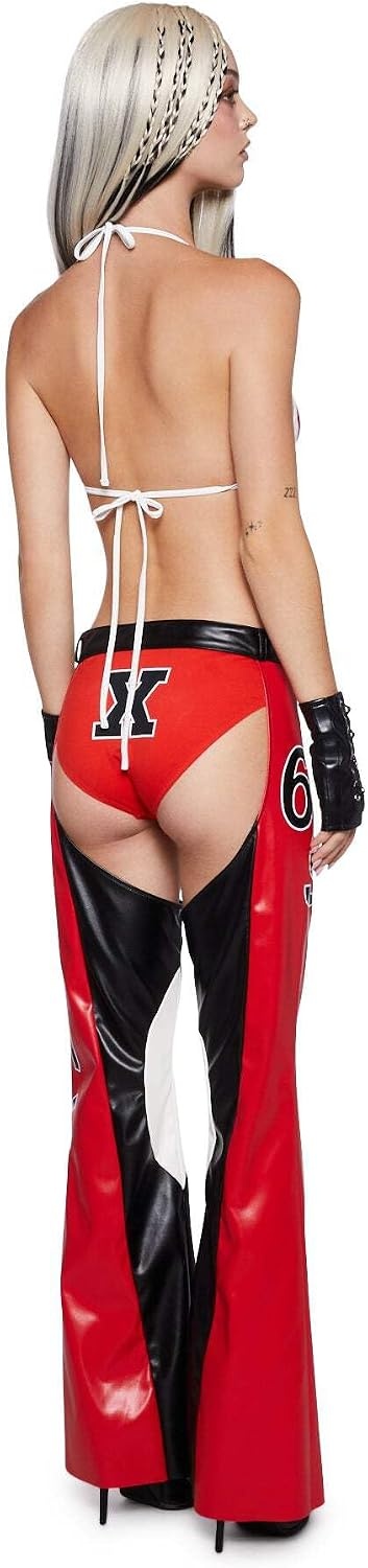 image:imageDolls Kill Christina Inspired Costume Dirty PopStar Chaps by Trickz N Treatz Pop Star Stage Outfit with Striped Bra Top Faux Leather Chaps Belt and GlovesRed