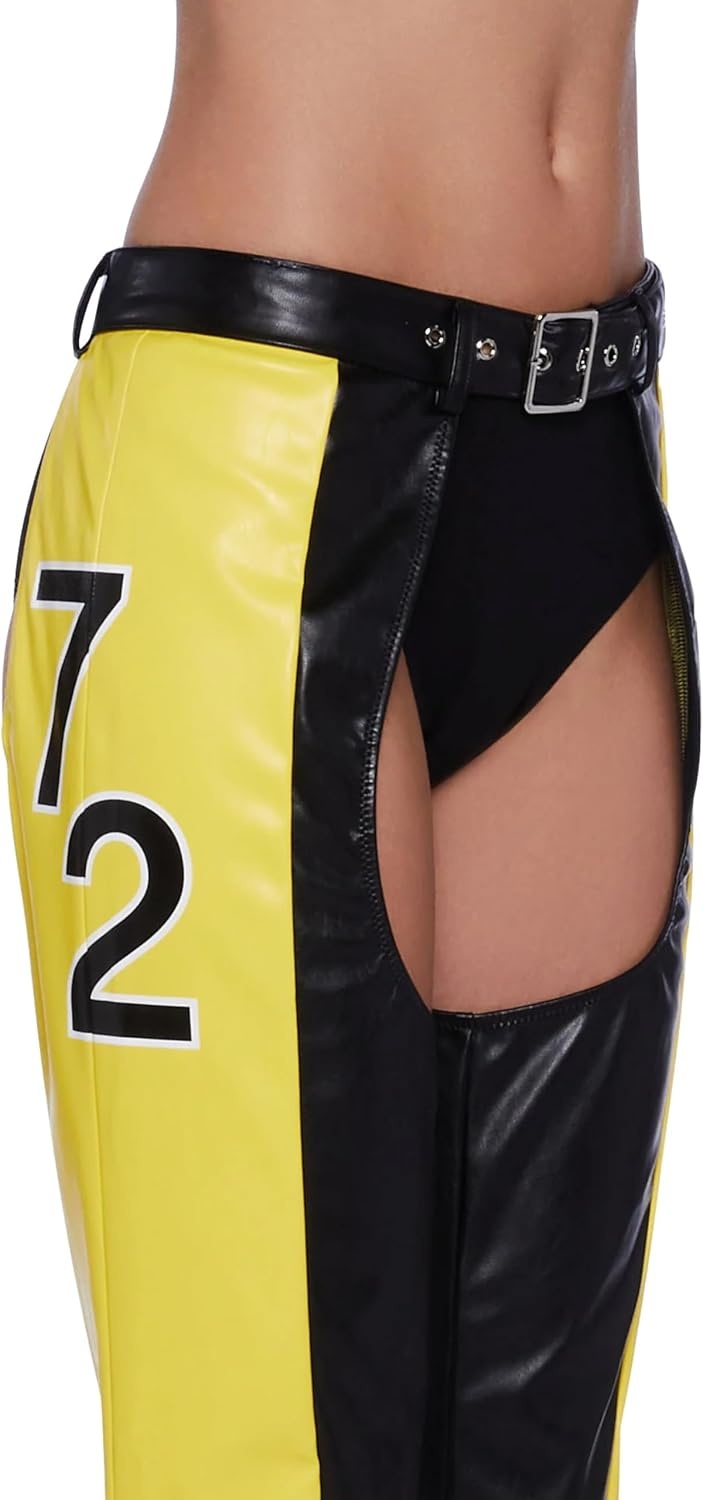 image:imageDolls Kill Christina Inspired Costume Dirty PopStar Chaps by Trickz N Treatz Pop Star Stage Outfit with Striped Bra Top Faux Leather Chaps Belt and GlovesYellow