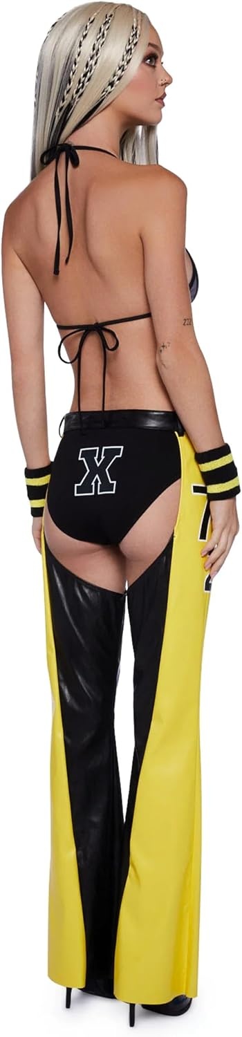 image:imageDolls Kill Christina Inspired Costume Dirty PopStar Chaps by Trickz N Treatz Pop Star Stage Outfit with Striped Bra Top Faux Leather Chaps Belt and GlovesYellow