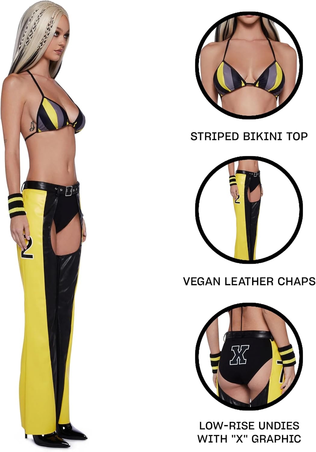 image:imageDolls Kill Christina Inspired Costume Dirty PopStar Chaps by Trickz N Treatz Pop Star Stage Outfit with Striped Bra Top Faux Leather Chaps Belt and GlovesYellow