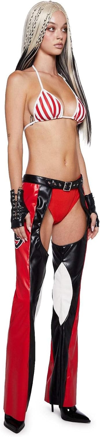 image:imageDolls Kill Christina Inspired Costume Dirty PopStar Chaps by Trickz N Treatz Pop Star Stage Outfit with Striped Bra Top Faux Leather Chaps Belt and GlovesRed