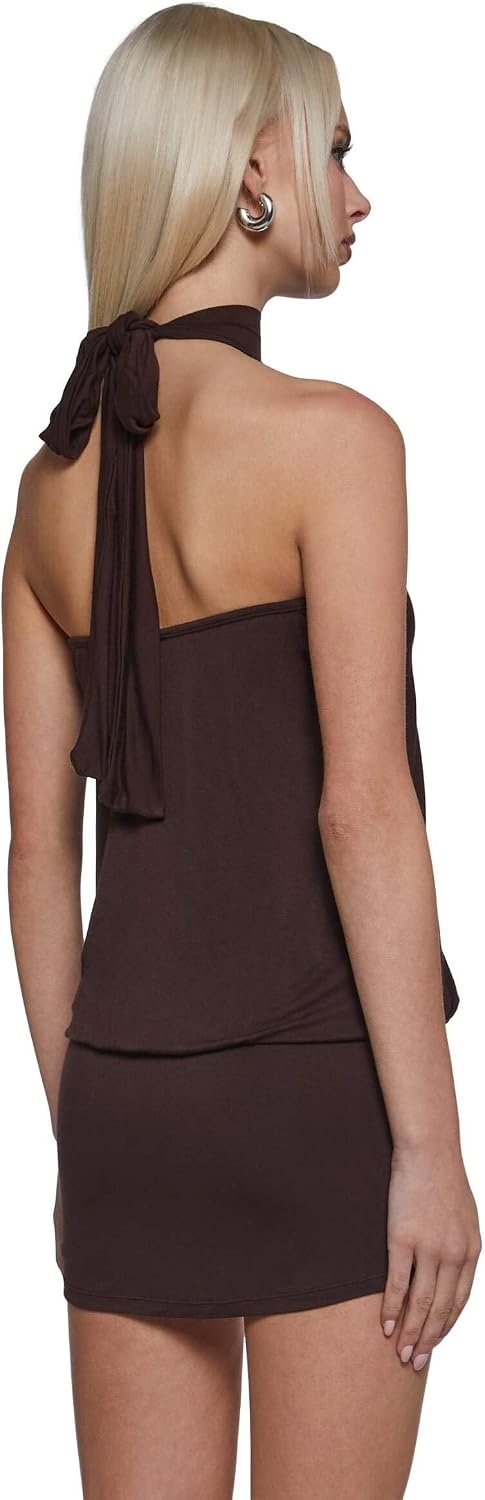 image:imageDolls Kill Club Moves Halter Dress by Current Mood Womens Sheer Mesh Mini Dress with Adjustable Back TiesBrown