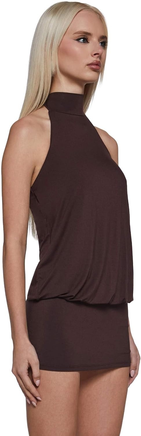 image:imageDolls Kill Club Moves Halter Dress by Current Mood Womens Sheer Mesh Mini Dress with Adjustable Back TiesBrown