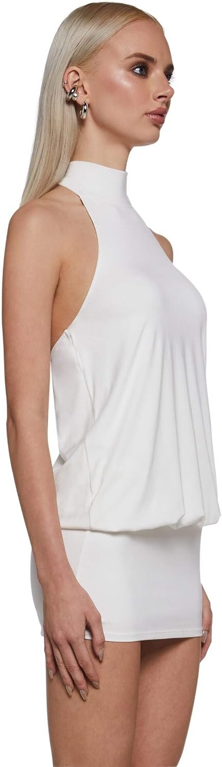 image:imageDolls Kill Club Moves Halter Dress by Current Mood Womens Sheer Mesh Mini Dress with Adjustable Back TiesIvory