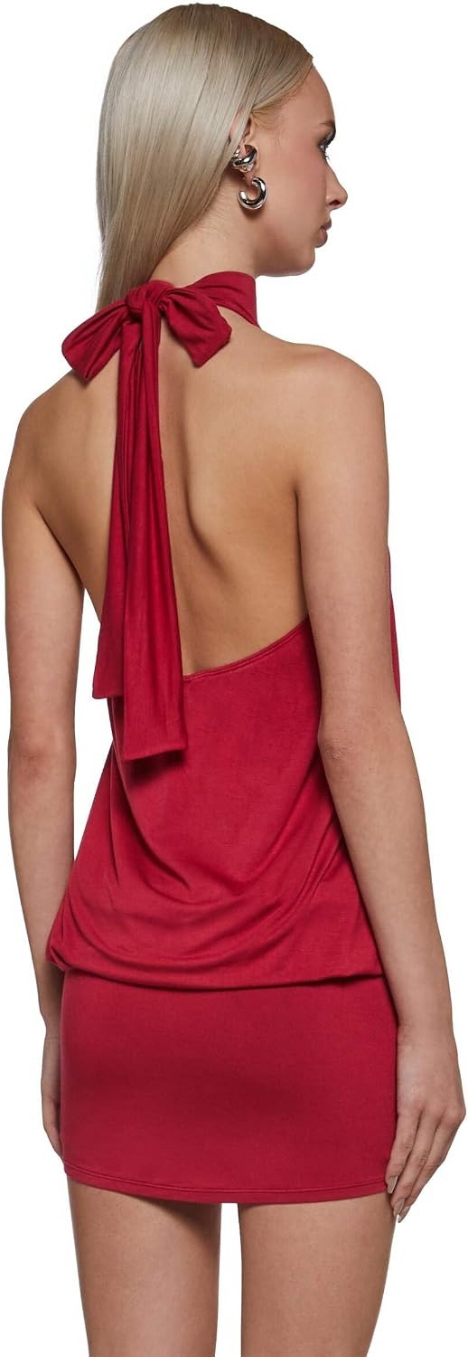 image:imageDolls Kill Club Moves Halter Dress by Current Mood Womens Sheer Mesh Mini Dress with Adjustable Back TiesRed