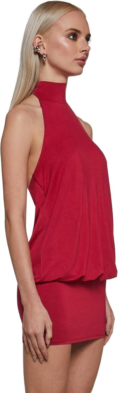 image:imageDolls Kill Club Moves Halter Dress by Current Mood Womens Sheer Mesh Mini Dress with Adjustable Back TiesRed