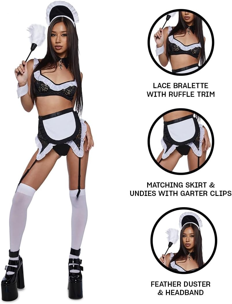 image:imageDolls Kill French Maid Costume Set by Trickz N Treatz Lace Bralette Skirt amp Feather Duster Sexy Halloween Outfit