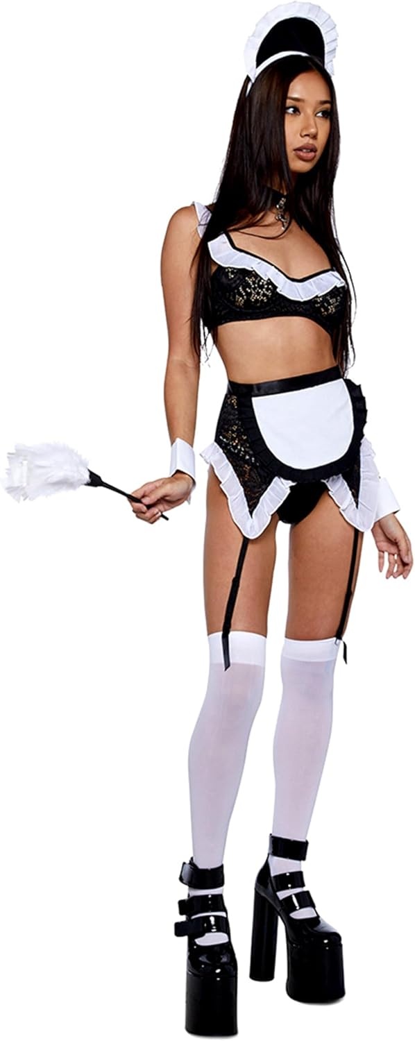 image:imageDolls Kill French Maid Costume Set by Trickz N Treatz Lace Bralette Skirt amp Feather Duster Sexy Halloween Outfit