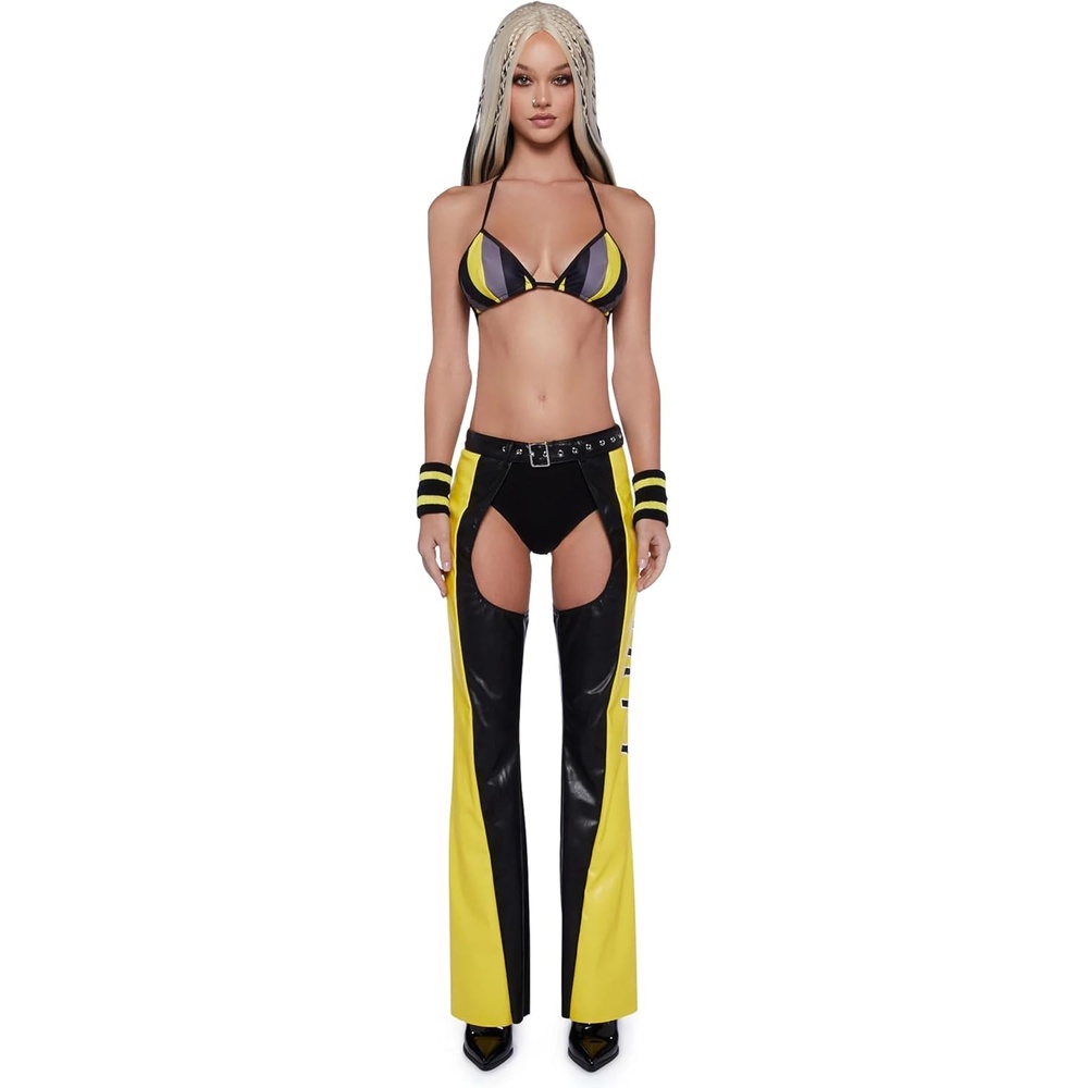 image:imageDolls Kill Christina Inspired Costume Dirty PopStar Chaps by Trickz N Treatz Pop Star Stage Outfit with Striped Bra Top Faux Leather Chaps Belt and GlovesYellow