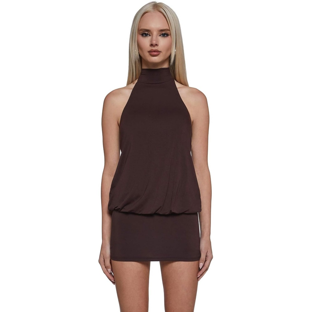 image:imageDolls Kill Club Moves Halter Dress by Current Mood Womens Sheer Mesh Mini Dress with Adjustable Back TiesBrown