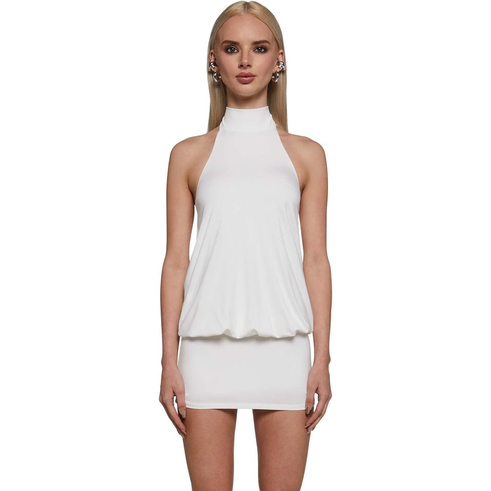 image:imageDolls Kill Club Moves Halter Dress by Current Mood Womens Sheer Mesh Mini Dress with Adjustable Back TiesIvory