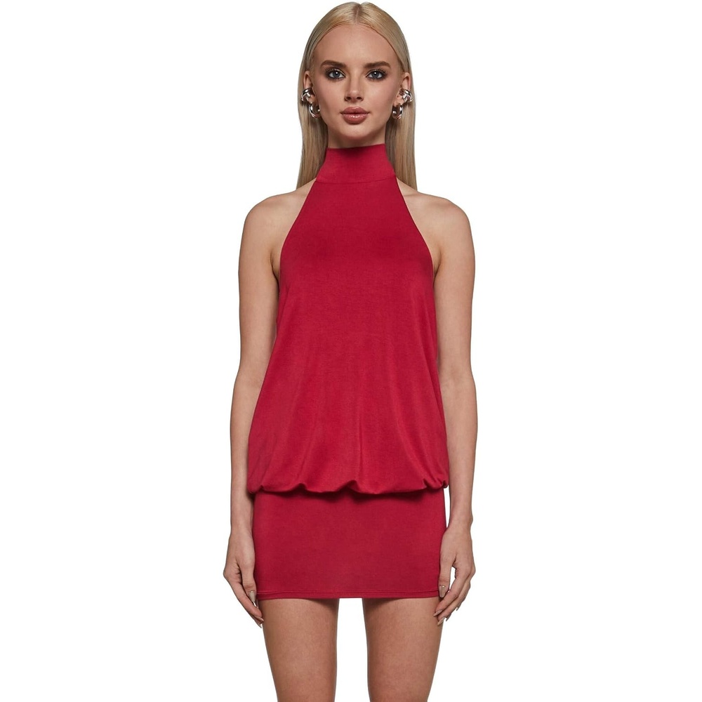 image:imageDolls Kill Club Moves Halter Dress by Current Mood Womens Sheer Mesh Mini Dress with Adjustable Back TiesRed