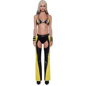 Dolls Kill Christina Inspired Costume – Dirty PopStar Chaps by Trickz N’ Treatz | Pop Star Stage Outfit with Striped Bra Top, Faux Leather Chaps, Belt, and Gloves(Yellow)