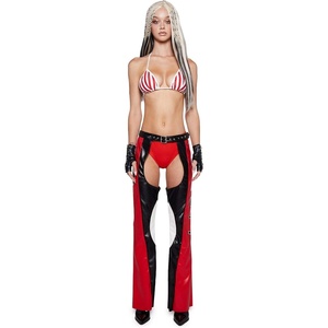 Dolls Kill Christina Inspired Costume – Dirty PopStar Chaps by Trickz N’ Treatz | Pop Star Stage Outfit with Striped Bra Top, Faux Leather Chaps, Belt, and Gloves(Red)