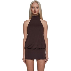 Dolls Kill Club Moves Halter Dress by Current Mood – Women’s Sheer Mesh Mini Dress with Adjustable Back Ties(Brown)
